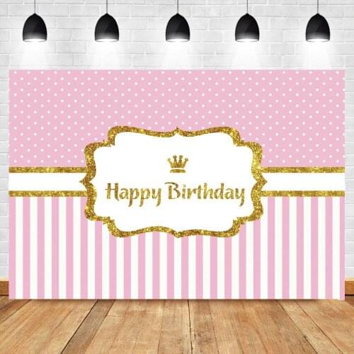 Banner Birthday Backdrops Photography Pink Blue Girl Boys Golden Crown Striped Photo Background Vinyle