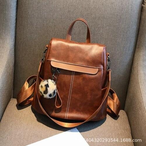 Vintage Hair Ball Pendant Women Backpack British Style gentleman PU Leather Man Shoulder Bag High School Student Backpack