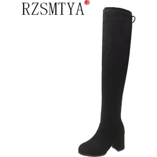 2021 Women Over The Knee High Boots 6cm High Heels Pointed Toe Nightclub Block Low Heels Boots Winter Prom Flock Shoes