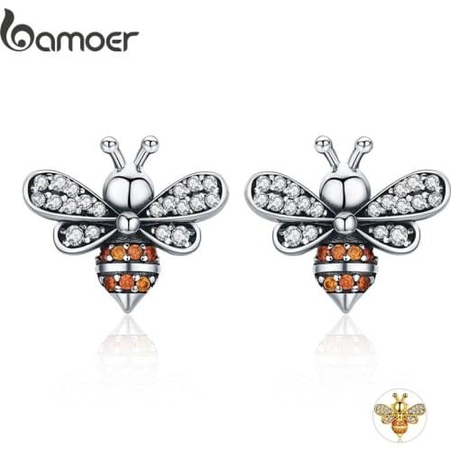 BAMOER High Quality 100% 925 Sterling Silver Bee Story Clear CZ Exquisite Stud Earrings for Women Fashion Silver Jewelry SCE344