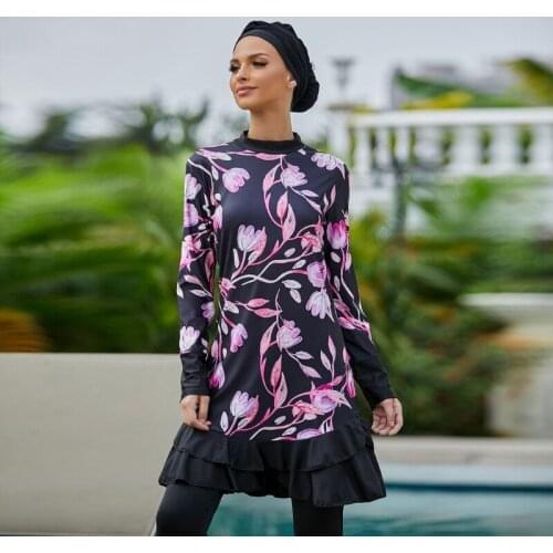Women Muslim Modest Swimsuit with Hijab Long Sleeve Floral Print Full Covered Islamic Swimwear Conservative Bathing Suit