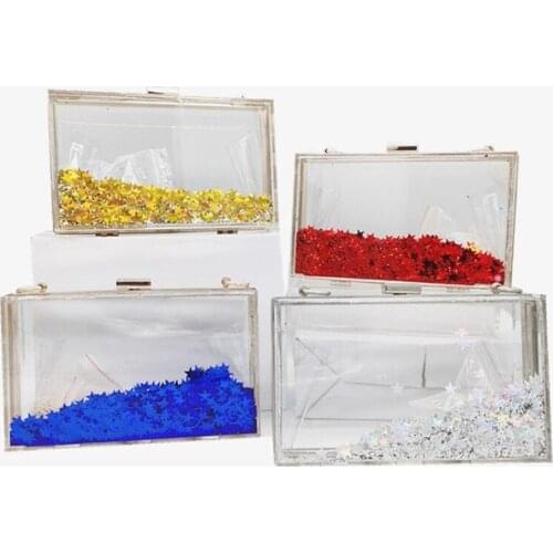 Womens Luxury Liquid Glitter Acrylic Clutch Purse Quicksand Powder Transparent Box Bags Summer Beach Handbags With Metal Chain