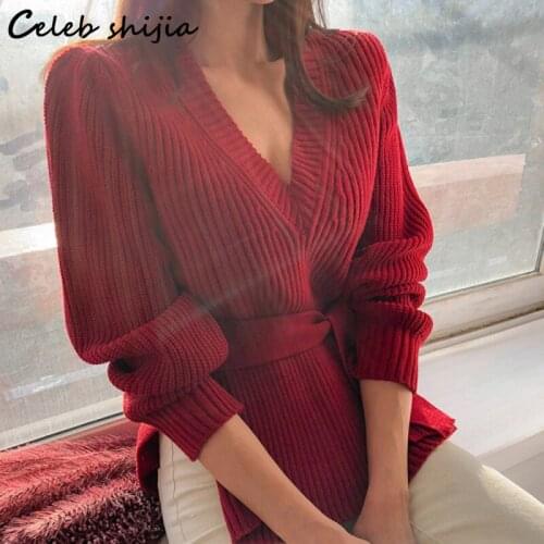 SHIJIA V-neck Red Sweater Woman Lace-up Autumn Winter 2021 Korean Fashion Knitted Tops Split Elegant Streetwear Jumper Female