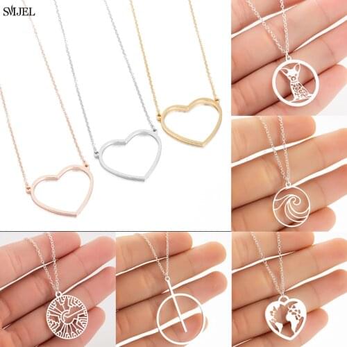 Love Hollow Heart Pendants Necklaces Fashion Stainless Steel Chihuahua Ocean World Map Round Statement Necklace Collier Femme