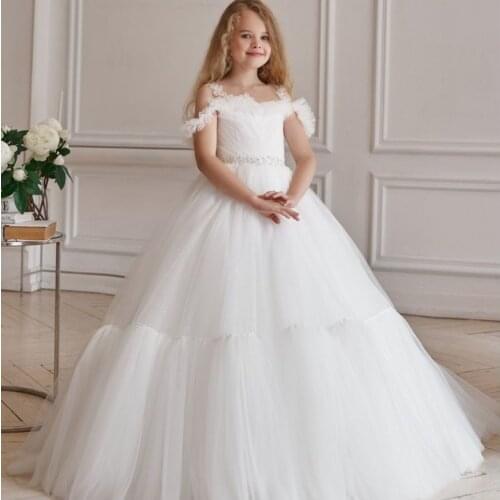 2021 White Princess Flower Girl Dresses For Wedding Ruffled Beaded Toddler Pageant Gowns Belt Kids Birthday Party Wear