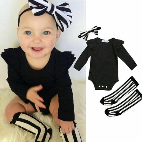Hot Fashion Toddler Baby Girl Clothes Puff Flying Sleeve Top Romper Jumpsuit+Striped Socks+Headband Casual 3Pcs Outfit