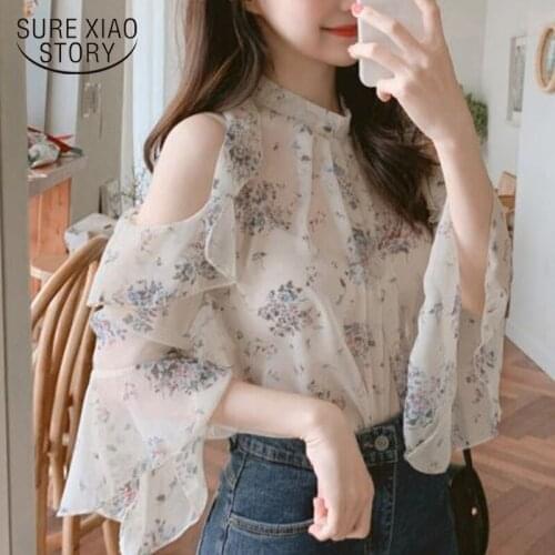 Blusas Mujer De Moda 2021 Summer Off Shoulder Tops Women Fashion Chiffon Blouse Elegant Print Loose Office Lady Ruffle Tops 9931