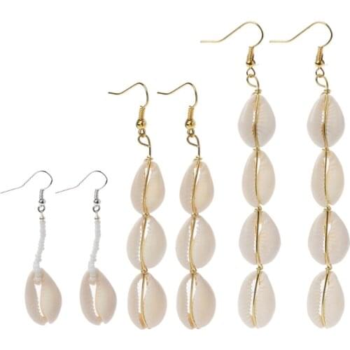 Bohemian Natural Cowrie Shell Pendant Drop Earrings Beach Jewelry for Women