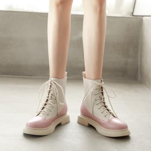 Lolita Martins Boots Women Low Heel Gothic Lace Up Lolita Gothic Shoes Cosplay Anime Patchwork Color Goth Girl Genuine Leather