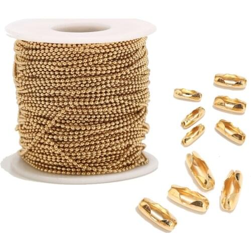 2M Stainless Steel 1.6MM/2.0MM/2.4MM Gold Beads Ball Chains for Men Women Necklace Making with 10pcs Matching Connectors
