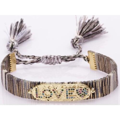 Ethnic boho soft cotton silk tassel tail wristband white cz paved LOVE letter tag heart charm adjustable bracelet for woman