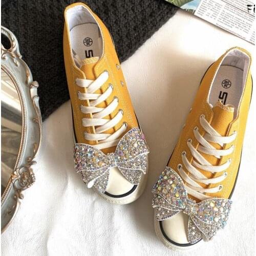 Bowknot canvas shoes womens autumn new heavy industry diamond-studded rhinestones flat-bottom lace-up casual shoes
