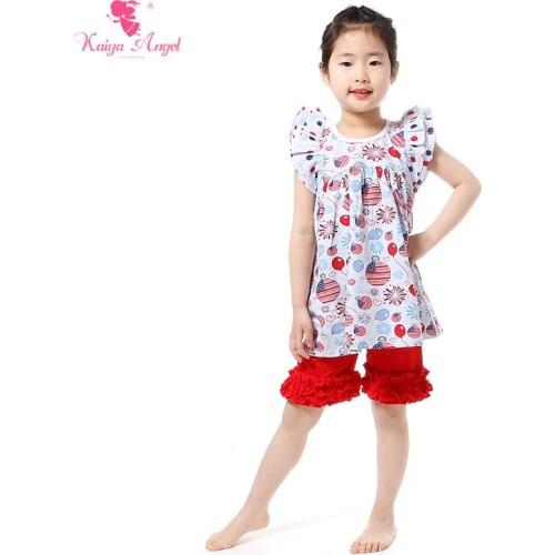 Kaiya Angel Children Clothing Wholesale Patriotic Day Kids Clothes Party Balloon Red Shorts Ruffles 4th Of July Outfits Set 2-7T