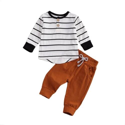 Newborn Baby Boys 2-piece Outfit Set Long Sleeve Striped Tops+Pants Set for Kids Boys Spring Autumn
