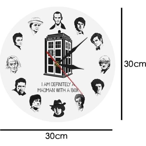 Time Police Box With 12 Characters Public Call box Decorative Wall Watch I AM DEFINITELY A MADMAN WITH A BOX Iconic Wall Clock