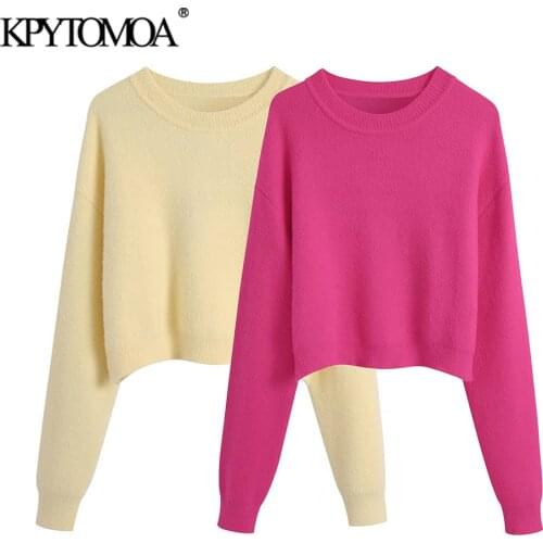 KPYTOMOA Women 2021 Fashion Soft Touch Loose Cropped Knit Sweater Vintage O Neck Long Sleeve Female Pullovers Chic Tops