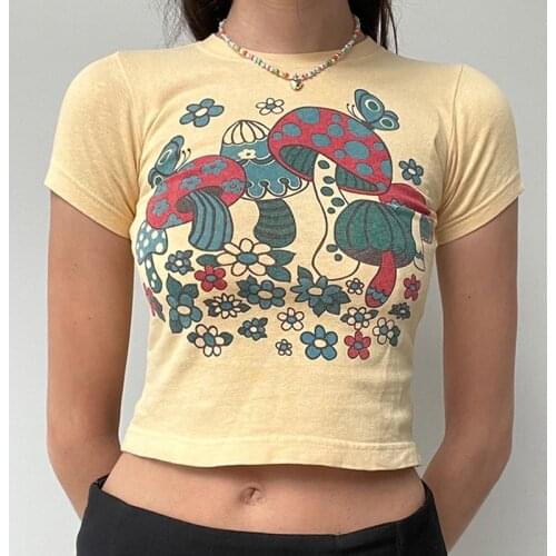 Floral Cartoon Cute Crop Top y2k Aesthetic Short Sleeve T Shirt O Neck Basic Casual Tshirt Women Harajuku Summer Tees