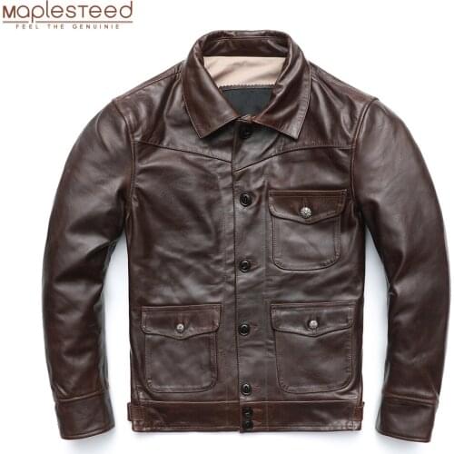 Men Leather Jacket Thick Turn Down Collar Dark Brown Solf Oil Wax Cowhide Skin Jacket Men Winter Coat Asian Size M-3XL M505