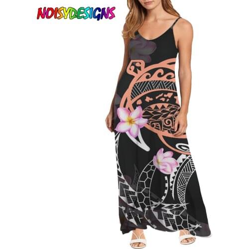 NOISYDESIGNS Polinesian Turtle Plumeria Print Women Summer Sexy Sleeveless Sling Casual V Neck Elegant Long Dresses Dating Daily