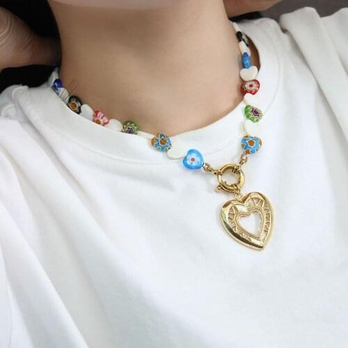White shell coloured glaze heart beads necklace for women bohomia summer necklace cute trendy jewelry for teenage egirls 2021