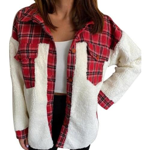 Coat Women Autumn Winter Turn Down Collar Plaid Patchwork Buttons Coat Plush Jacket