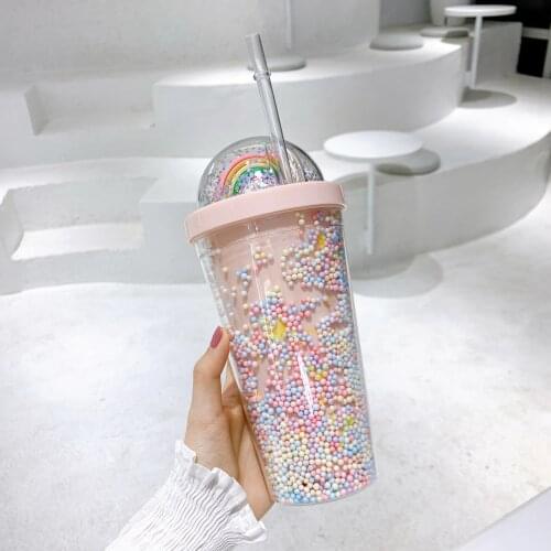 Plastic cup double layer with straw water cup girls home office breakfast milk juice cup Rainbow foam foam straw cup