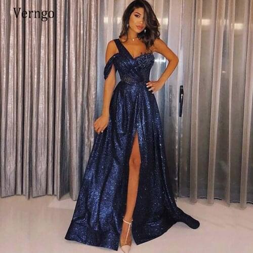 Verngo One Shoulder Glitterring Evening Dresses Navy Blue Sequin One Shoulder Side Slit Prom Gowns Long Formal Party Dress