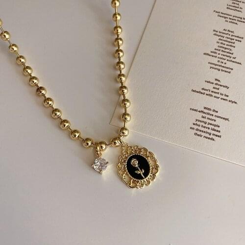 Origin Summer french vintage Lace Rose flower pendant necklace for women Stylish Enamel Round beads rhinestone necklace jewelry