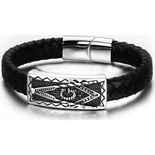 Handmade Black Genuine Leather Bracelet Stainless Steel Freemason Masonic Bangle Bracelet Wristband Free Mason Jewelry Gift 10pc