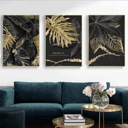 Self-adhesive Wall Stickers Gold Plant Picture Home Decor Wall Art Modern Tropical Leaves Posters Prints for Living Room Decor
