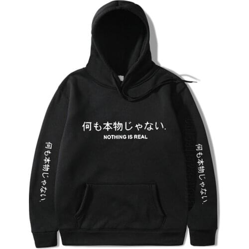 Nothing Is Real Hoodies Harajuku Japanese Letter Print Thick Streetwear Pullover Hooded Tops For Men Long Sleeve Plus Clothing