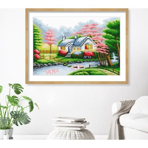 Punto de cruz bordado kit completo European forest creek cabin landscape painting home decoration for living room