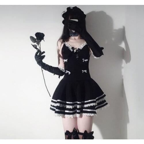 Japanese Women Lolita Maid Uniform Lingerie Bow Spaghetti Strap Backless Ruffles Dress with Hat Gloves Cosplay Nightwear