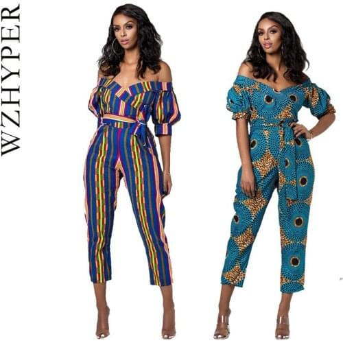 Woman Africa Clothing Sexy Print Jumpsuit Elegant Party Vacation Nighclub Off Shoulder V-Neck Bazin Riche National Dress