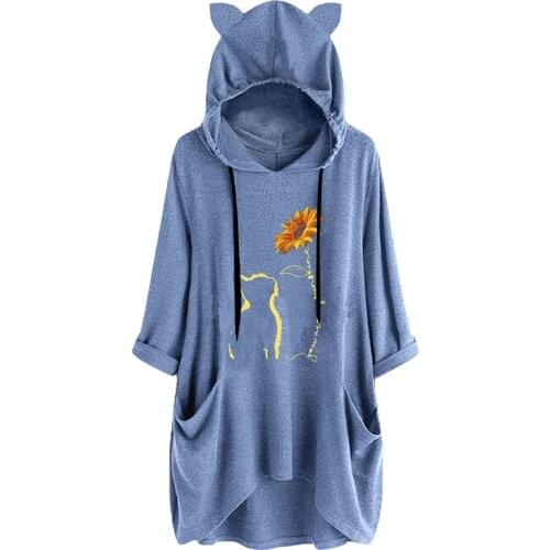 Winter Cute Cat Ear With Pocket Sweatshirt Women Casual Loose Sunflower Print Long Sleeve Hoodie Korean Draw String Sweater Tops