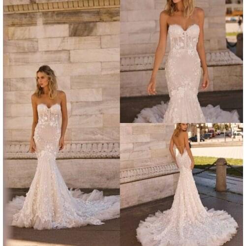 2020 Fashion Wedding Dresses Sweetheart Lace 3D Appliques Bridal Gowns Custom Made Backless Sweep Train Mermaid Wedding Dress