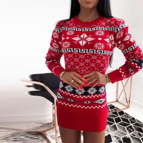 Women Print Knitted Sweater Slim Dress Christmas Party Long Sleeve O Neck Autumn Bodycon Red Dress Casual Female Fashion 2021