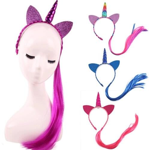 10pcs/lot Rainbow Color Ponytail Unicorn Headbands Glitter Ears Kids Girls Princess Braid Wig Hairbands Hair Accessories