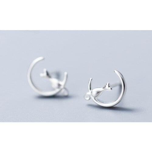 Authentic Real 100% 925 Sterling Silver fine Jewelry Kitten Cat Sitting on the moon Stud Earrings cute GTLE2530