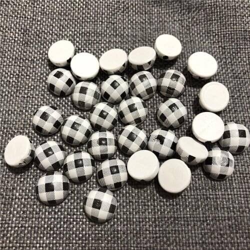 15mm DIY Wood Beads Kids Christmas Half Balls Semicircle Semi-Spherica Black White Red Checkered Decoration Wooden Charms 10Pcs