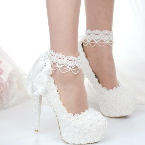 2021 spring female white lace wedding stiletto heels adult gift large size female banquet dress bride pearl wedding shoes women