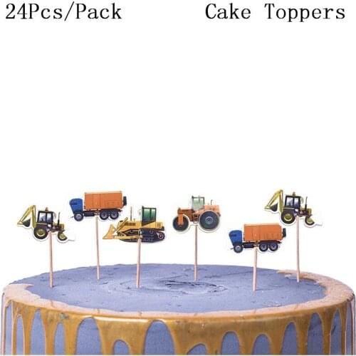 24PCS Decorate Birthday Party Cake Topper boy like Engineering vehicleTheme Baby Shower Cupcake Toppers With Sticks