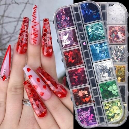 Nail Sequins Laser Love Heart Butterfly Nail Sequins Mixed Color Sparkly Nail Glitter Flakes 3D Nail Art Decorations Accessories