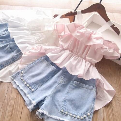Kids Baby Girls Summer Off Shoulder Ruched Solid Tops Shirts Denim Short Pants Pearl Toddler Children Clothes Sets 2pcs 3-8Y