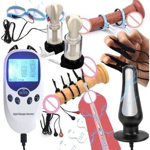 Dual Output Electric Shock Anal Vagina Plug Urethral Stimulate Rod Penis Ring SM Nipple Sucker Clamp/Pad DIY Sex Medical Toy Kit