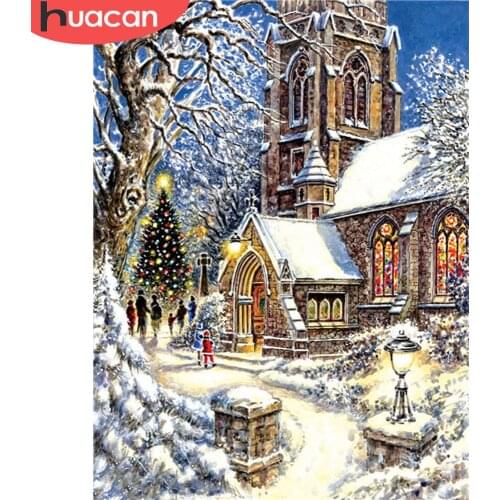 HUACAN Full Drill Diamond Painting House Diamond Embroidery Winter Landscape Mosaic Christmas Decorations Wall Art