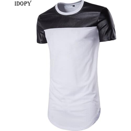 Idopy Men`s Leather T-Shirts Long Hip Hop Patchwork High Street Round Hem Extended Tees For Hipster