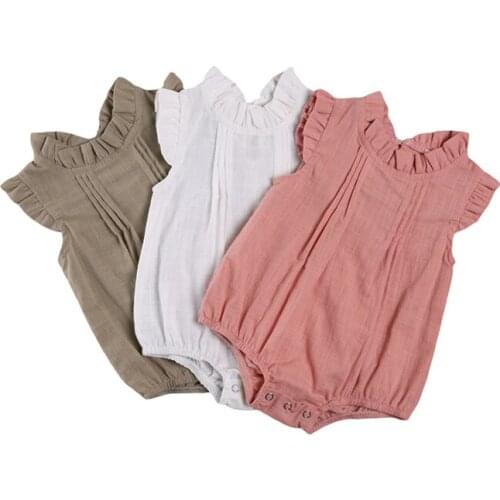 Infants Girl Bodysuit Solid Color Pleated Jumpsuit Flying Ruffled Sleeve Crotch Button One-piece Garment for Baby Costume