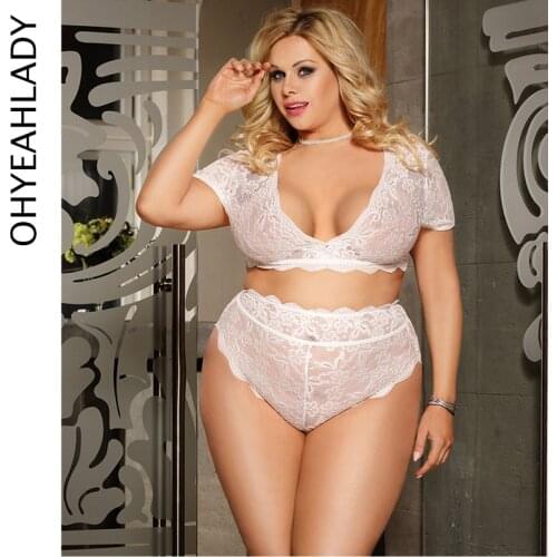Ohyeahlady Lengerie Set High Waist Lace Bra Panty Underwear Short Sleeve Lenceria Sensual Mujer Plus Size Underwear Set RJ80760