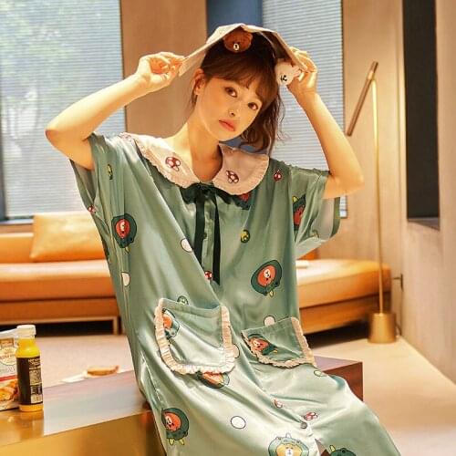 Summer Nightdress Womens Ice Silk Thin Short Sleeve Plus Size Loose Fairy Pajama Nightgrowns Set